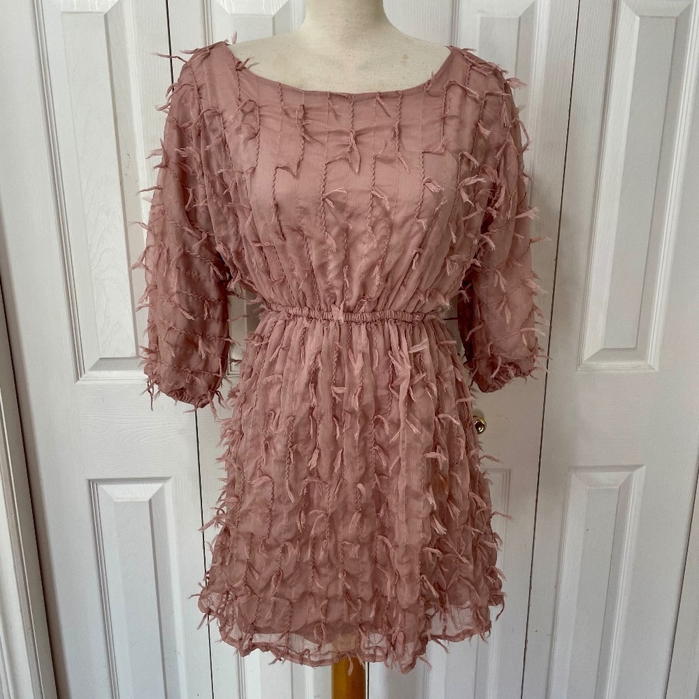 Blu Pepper Textured Pink Mini Dress with Ballon Sleeves and Elastic Waist